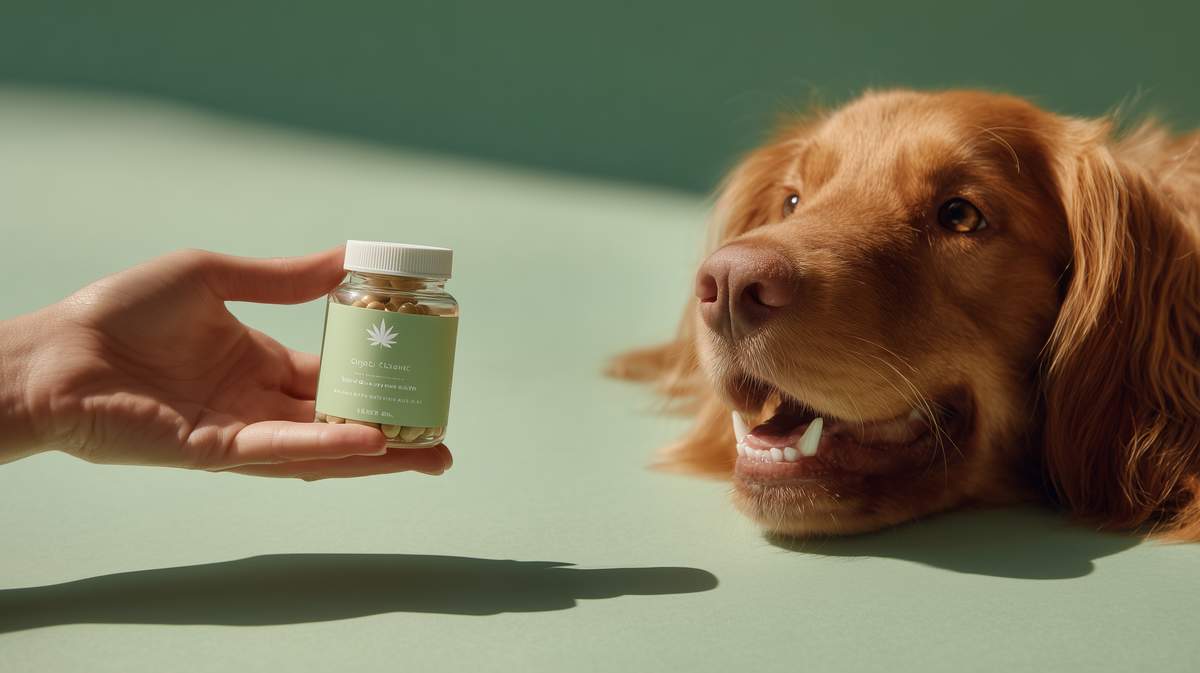 Produit CBD pour les chiens et un chien regardant le produit