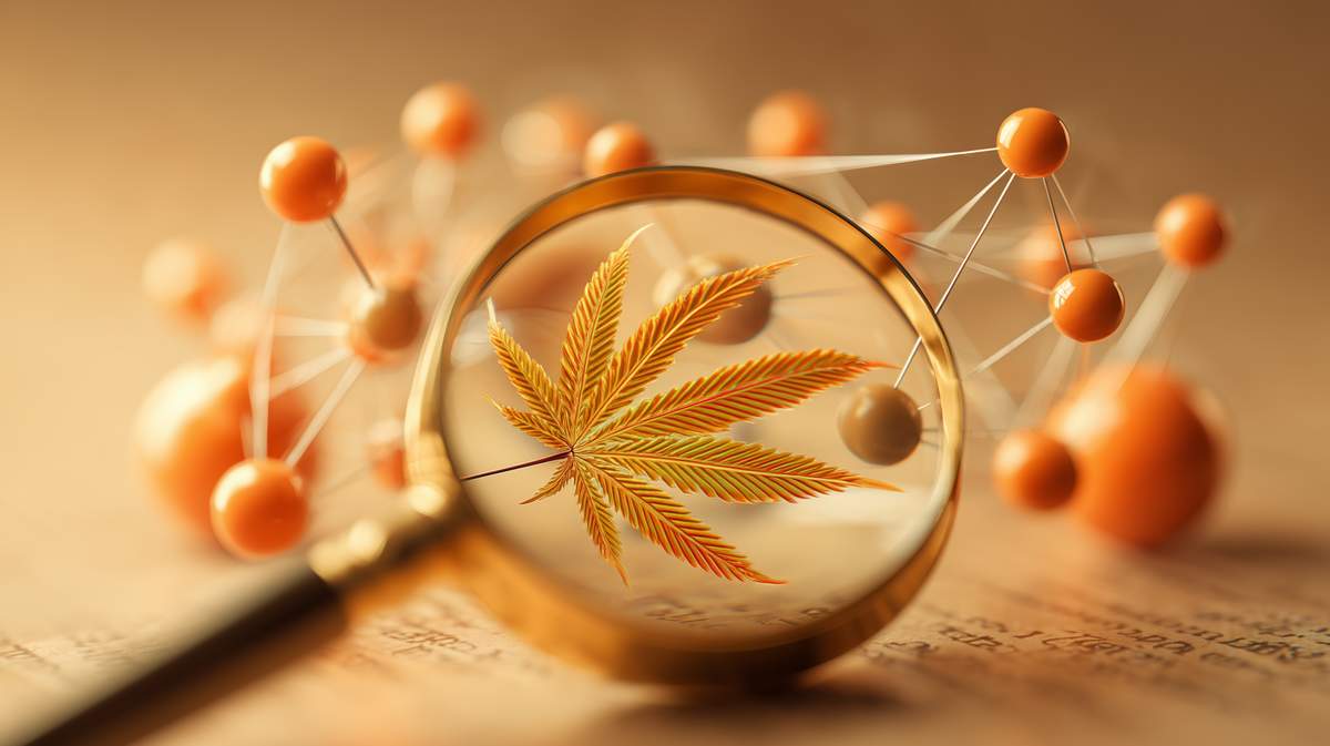  représentation d'une feuille de plantes de CBD vue avec une loupe